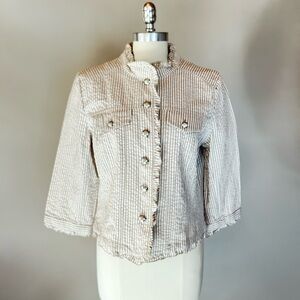 Sandro Seersucker Ruffle-Trim Jacket in Cream and Tan Size Large